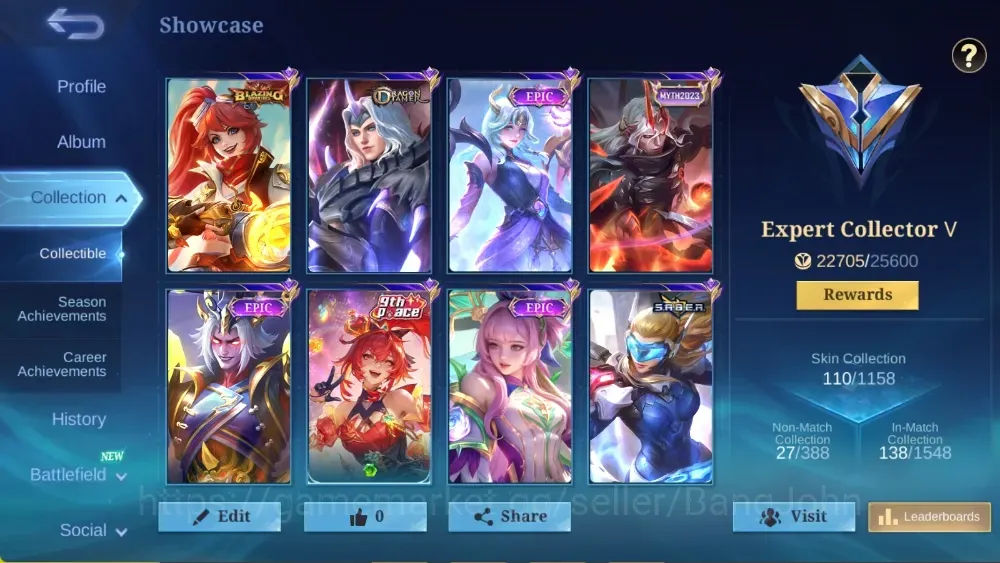 Mobile Legends: Bang Bang Accounts Others Global|110 Skin|Expert|Blazing Layla,Claude|Dragon Tamer Lancelot|P. ace 1