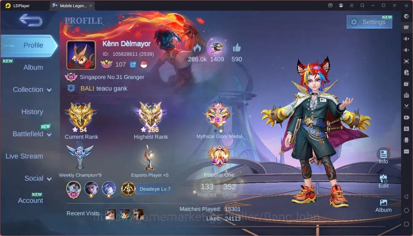 Mobile Legends: Bang Bang Accounts Collector Global|Hero 133|Skin 352|Exalted|Prime Granger|KOF GS,Karina|Sanrio Floryn|LBX 1