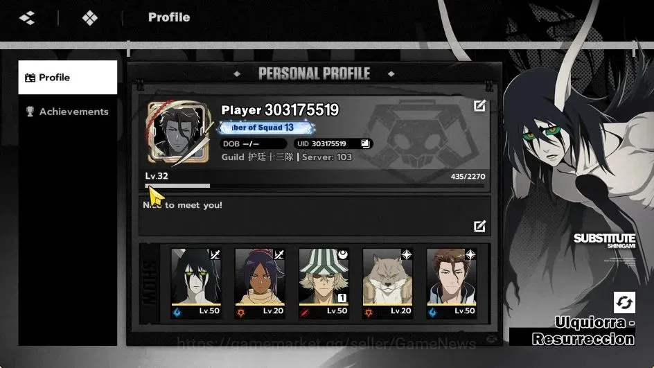 BLEACH: Soul Resonance Accounts NUVERSE SEA|Lvl 32|6 SSR|2 Sign|(Ulquiorra Resurreccion,Aizen,Kisuke B1)+Set 3