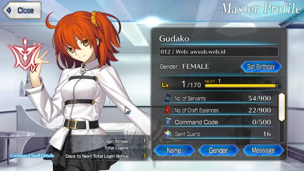 Fate-Grand Order Accounts NA Starter Fuyuki Lv 1|1 SSR| Merlin |16 Sain Quartz|6 Golden Apple|BDay Unset|Log Code|FGO974 1