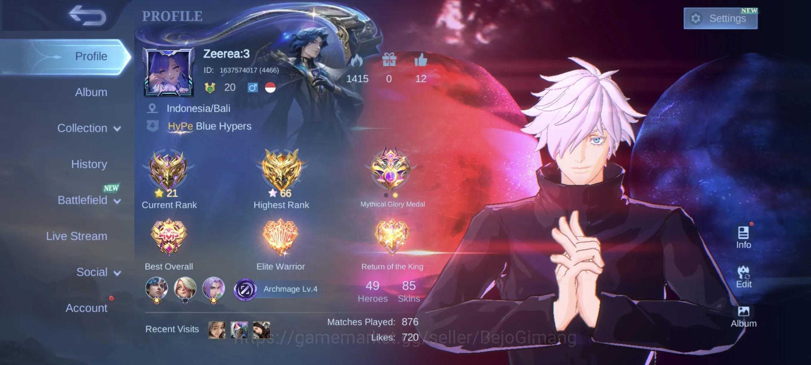 Mobile Legends: Bang Bang Accounts Rare Skin Skin 85:JJK Gojo (Xavier) Collector Nata, Dragon Ling, Many Epic Nana, Chang'e 1