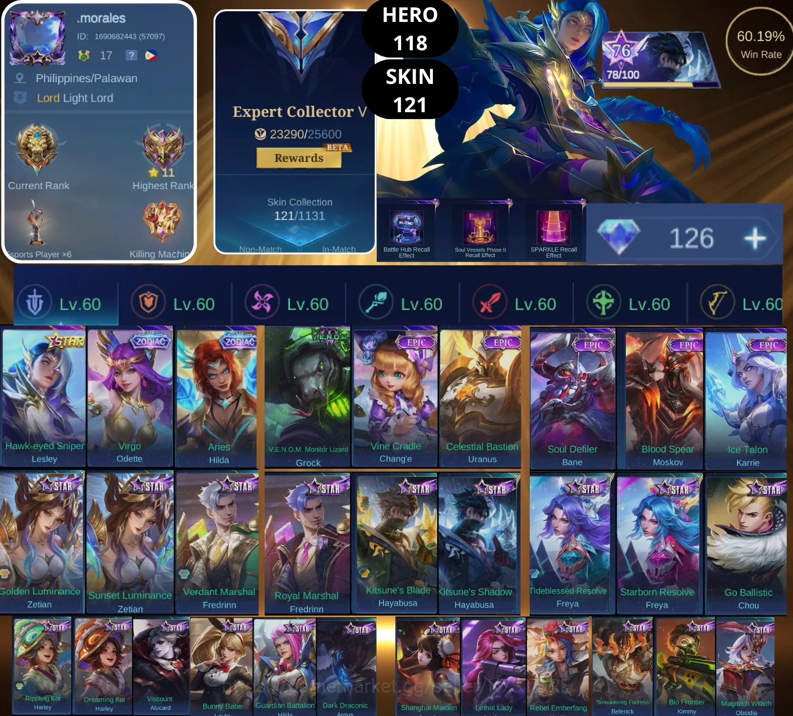 Mobile Legends: Bang Bang Accounts Smurf BEST OFFER | HERO 118 | SKIN 121 | LESLEY STAR | 2X ZODIAC | GROCK V.E.N.O.M 1