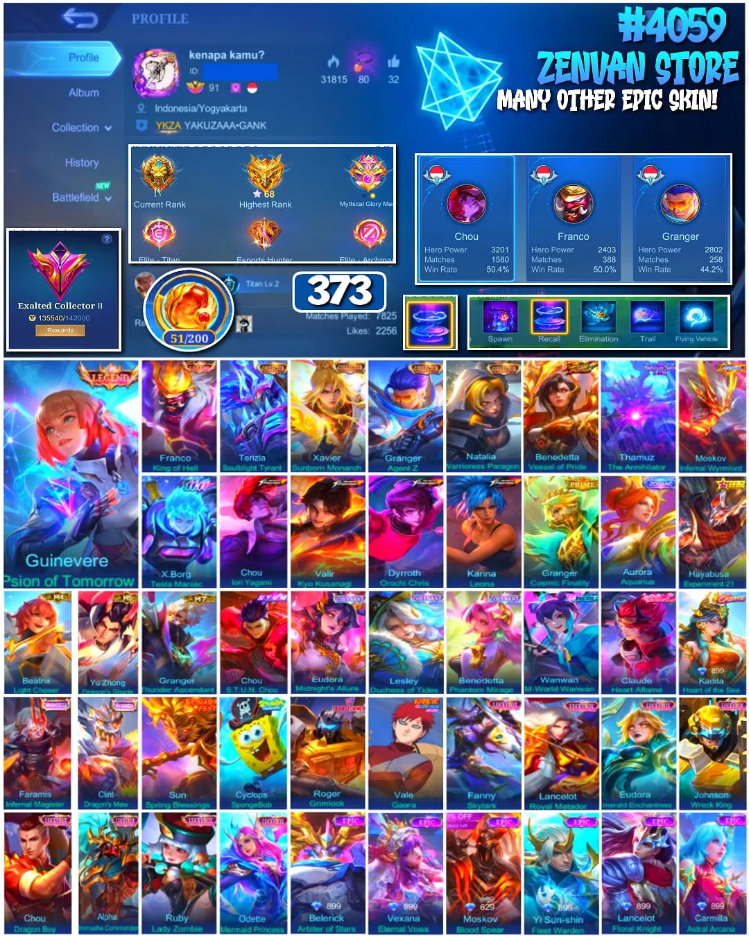 Mobile Legends: Bang Bang Accounts 🔥 #4059 🔥 373 Skins 💎 Legend Franco King of Hell 👑 Legend Guinevere Psion of Tomorrow 1