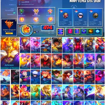 Mobile Legends: Bang Bang Accounts #4266 494 Skins | Johnson Sovereign of Realms (Legend) | Franco King of Hell (Legend