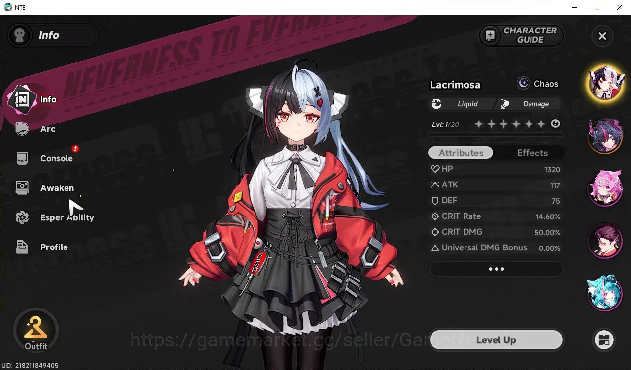 Neverness to Everness Accounts Global SEA|HL 45|TL 27|9 SSR 4 Limited [Nanally+Outfit,Shinku,Lacrimosa,Hotori]|1 SSR 4
