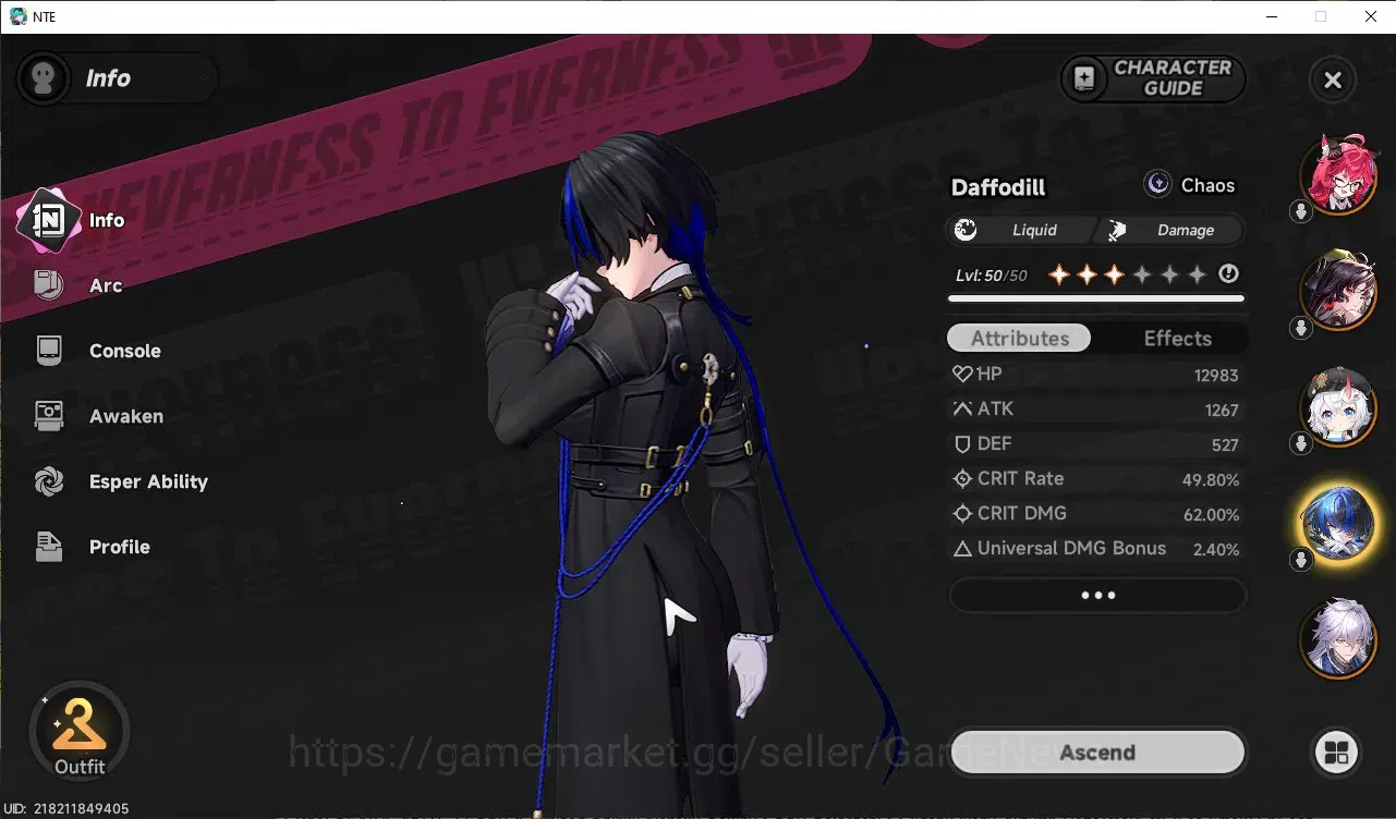 Neverness to Everness Accounts Global SEA|HL 45|TL 27|9 SSR 4 Limited [Nanally+Outfit,Shinku,Lacrimosa,Hotori]|1 SSR 9