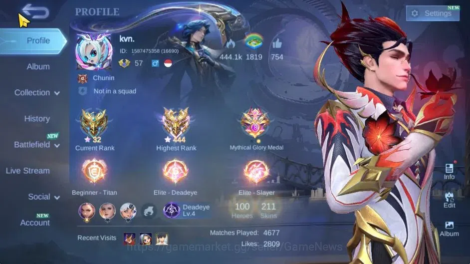 Mobile Legends: Bang Bang Accounts Hero 100|Skin 211|High Immo 444|Recal Abysal Thund image 1