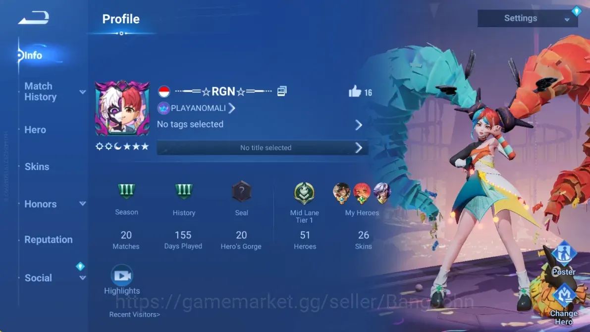Honor of Kings Accounts Rare Skin Global|51H 26S|2 Legend: Angela & Musashi|DanDaDan:Daji|4 EventExclusive|2 HonorPass|Check 1