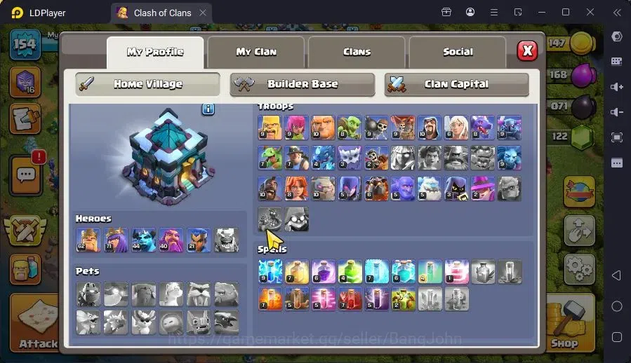 Clash of Clans Accounts High-End GLOBAL | TH 13-BH 9|LVL154|BK61,AQ71,MP44,GW40,RC21|BM21,BC15|3 Legend skin|Gem 122|Proteck 4