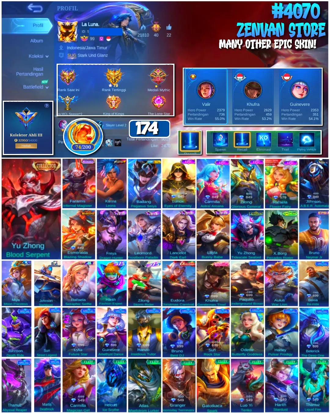 Mobile Legends: Bang Bang Accounts ๐ฅ #4070 ๐ฅ ๐ 174 Skins ๐ Collector Yu Zhong Blood Serpent โ๏ธ KOF Karina Leona โญ Saint 1