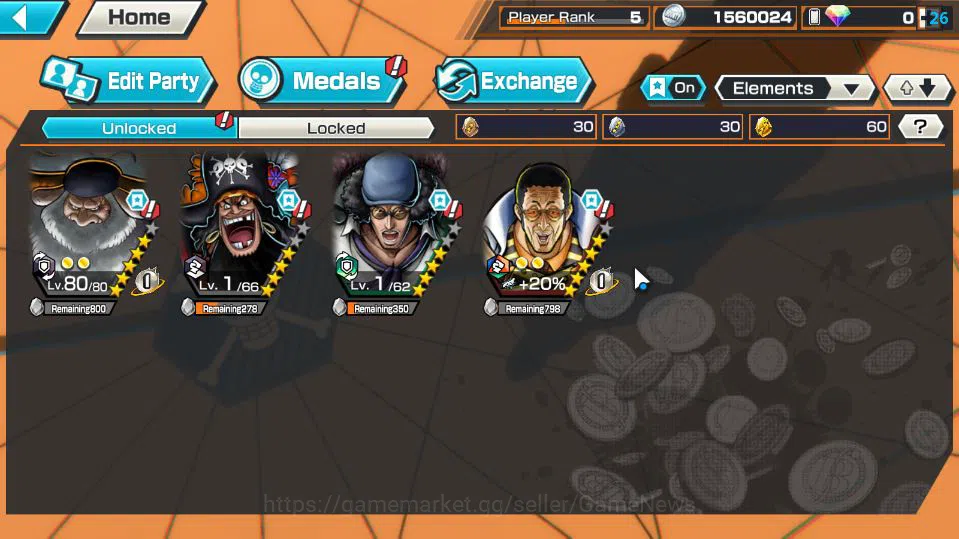 One Piece Bounty Rush Accounts Mid-Tier Global|4 EX|5 Elder St.Saturn,TFE Marshal D.Teach,BP Kuzan,AMS[Borsalino]|Rank 2