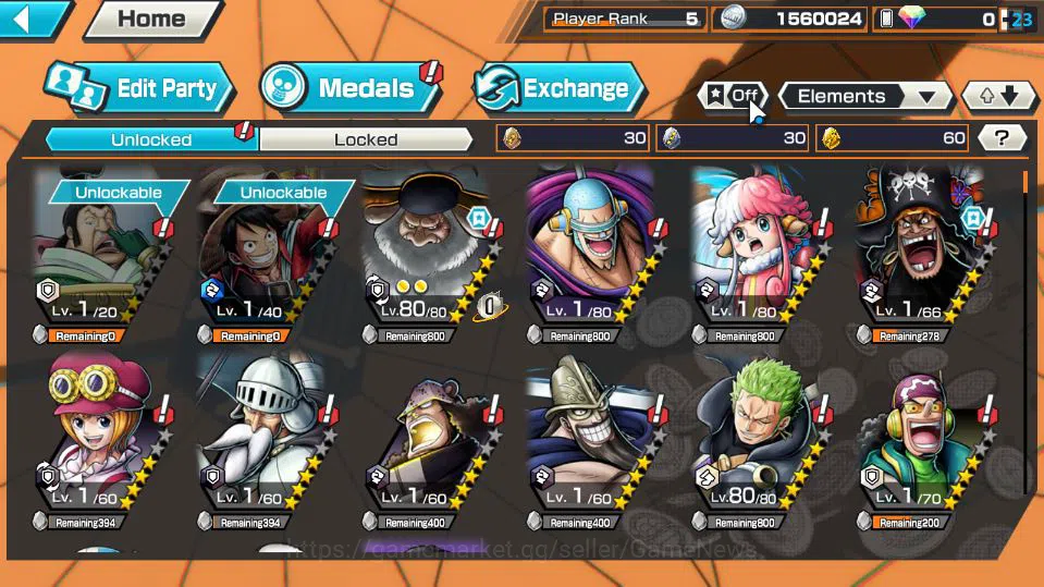 One Piece Bounty Rush Accounts Mid-Tier Global|4 EX|5 Elder St.Saturn,TFE Marshal D.Teach,BP Kuzan,AMS[Borsalino]|Rank 3