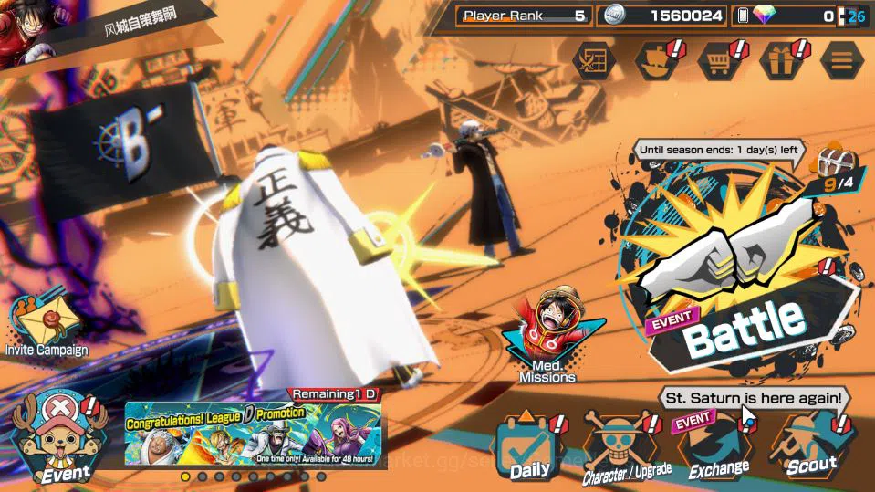 One Piece Bounty Rush Accounts Mid-Tier Global|4 EX|5 Elder St.Saturn,TFE Marshal D.Teach,BP Kuzan,AMS[Borsalino]|Rank 5