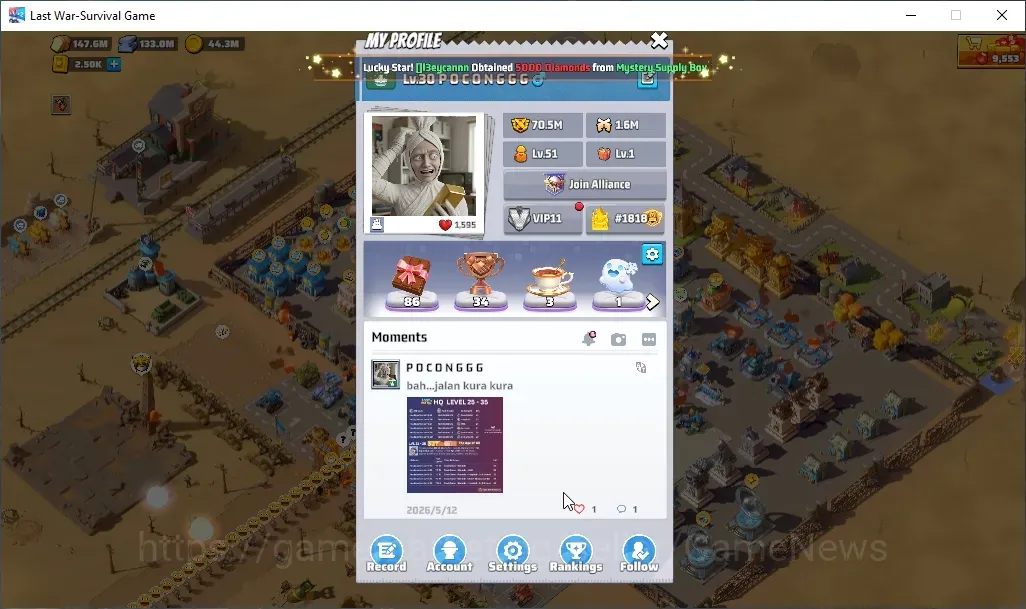 Last War: Survival Accounts Sv 1818|Power 70.5M|HQ 30|VIP 11|2,500 Gold Bricks|Drone Lv 123|SQ 1: 22.14M,SQ 2: 17.49M,SQ 3 1