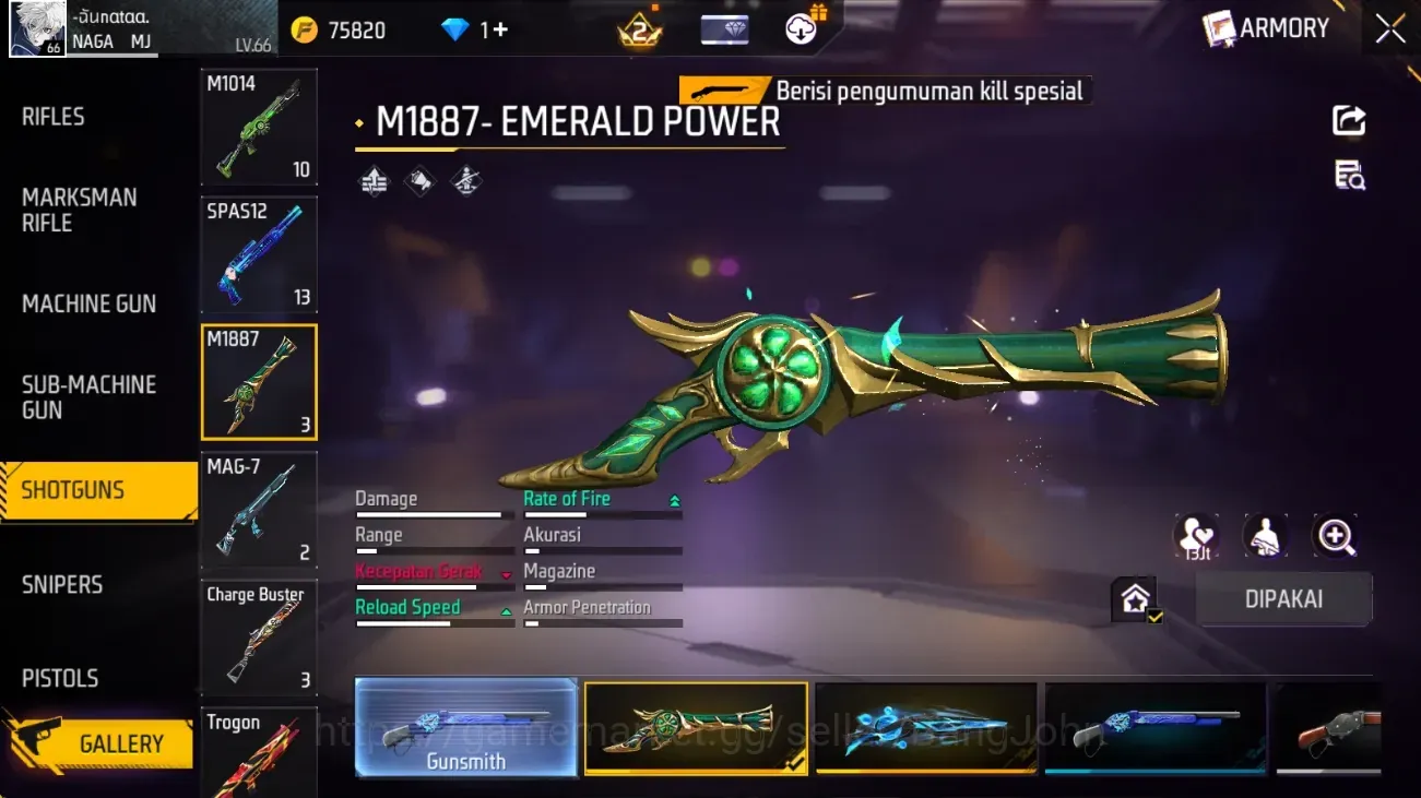 Free Fire Accounts Indonesia | 2 EVO (AK47 Lv.5, WOODPECKER Lv.2) | M1887- Emerald Power, Aqua Burst, Mamba Gnaw | 1 Bunny 1