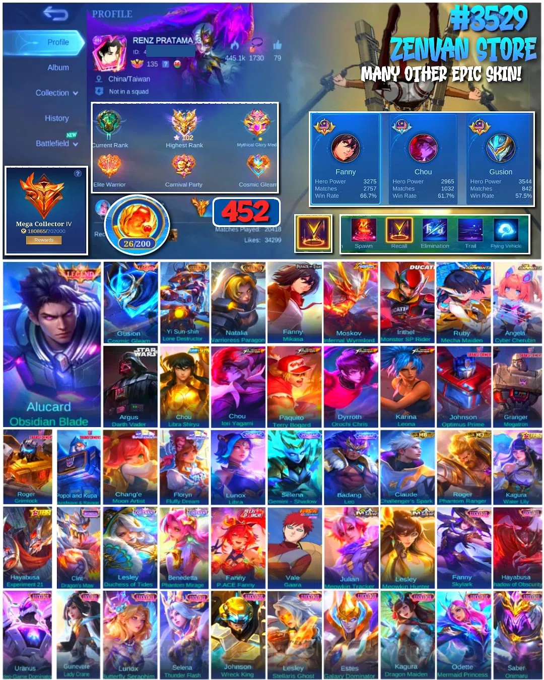 Mobile Legends: Bang Bang Accounts #3529 452 Skins | Legend Alucard & Gusion | Collec image 1
