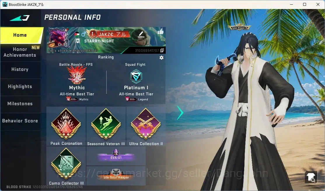 Blood Strike Accounts Collab Skin ASIA | 1 Eternal Gun: MP7-Tidesong Lv3|2 Ultra Melee: The Iron, Shuriken|5 Collab Guns|7 1