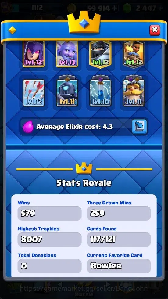 Clash Royale Accounts Mobile|CL 1112|KTL 12|Trophy 8007|Card 117|4 Campi image 3