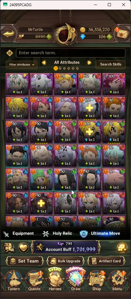 The Seven Deadly Sins: Grand Cross Accounts Others Asia | 1,701M CC | 1 LR Dianne | 6 Ur Tristan , Mael , Lancelot , Sabunak 5