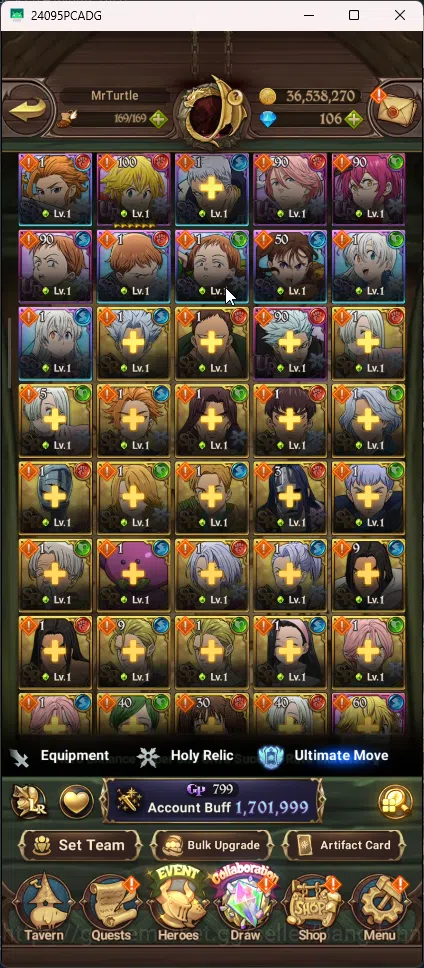 The Seven Deadly Sins: Grand Cross Accounts Others Asia | 1,701M CC | 1 LR Dianne | 6 Ur Tristan , Mael , Lancelot , Sabunak 7