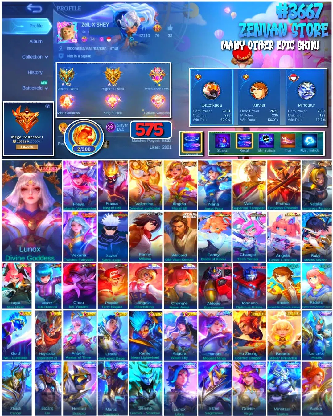 Mobile Legends: Bang Bang Accounts #3667 575 Skins | 3 Legends | 6 Collectors | Zenit image 1