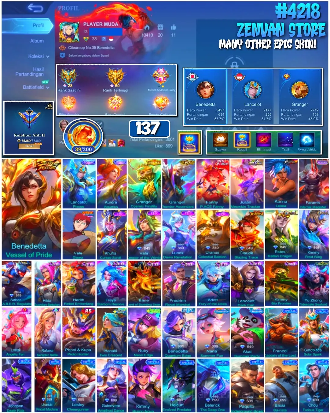 Mobile Legends: Bang Bang Accounts #4218 137 Skins Benedetta Vessel of Pride Lancelot Granger 1