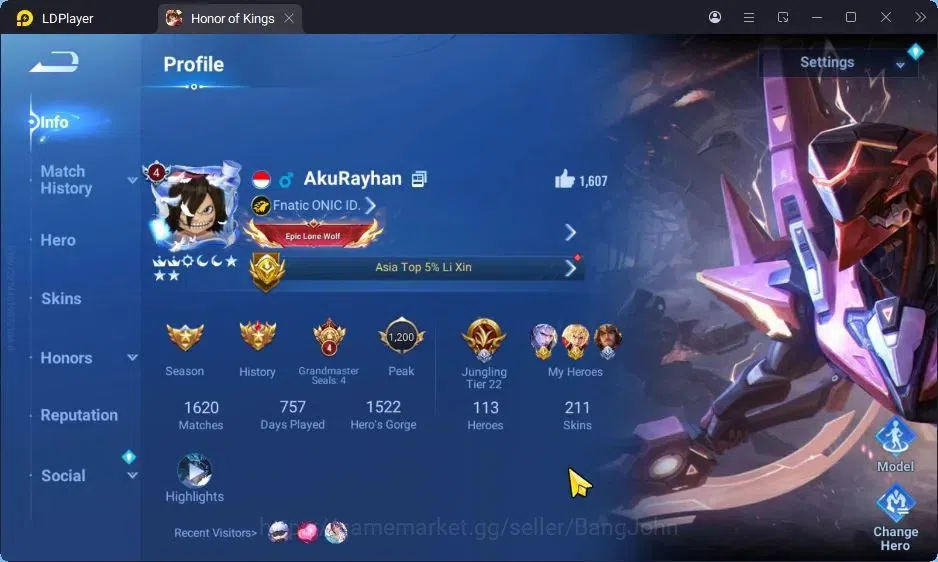Honor of Kings Accounts Rare Skin Global|113H 211S|7 Legend|SXD Houyi|4 AFO|2 LOTM Shi,Guiguzi|LIMBO Donghuang|Jing 1