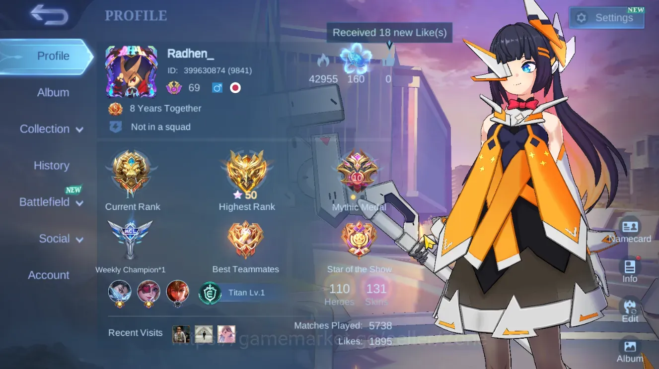Mobile Legends: Bang Bang Accounts Collector |Hero 110|Skin 131|Expert|Collab ASP Ruby+Epic Roger+Neymar Bruno MAX 1