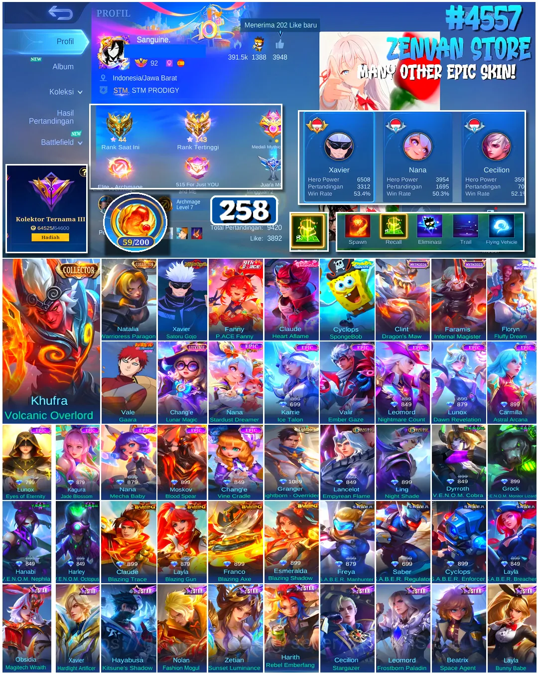 Mobile Legends: Bang Bang Accounts #4557 258 Skins | Floryn Fluffy Dream (SANRIO) | Xavier Satoru Gojo (JUJUTSU KAISEN 1