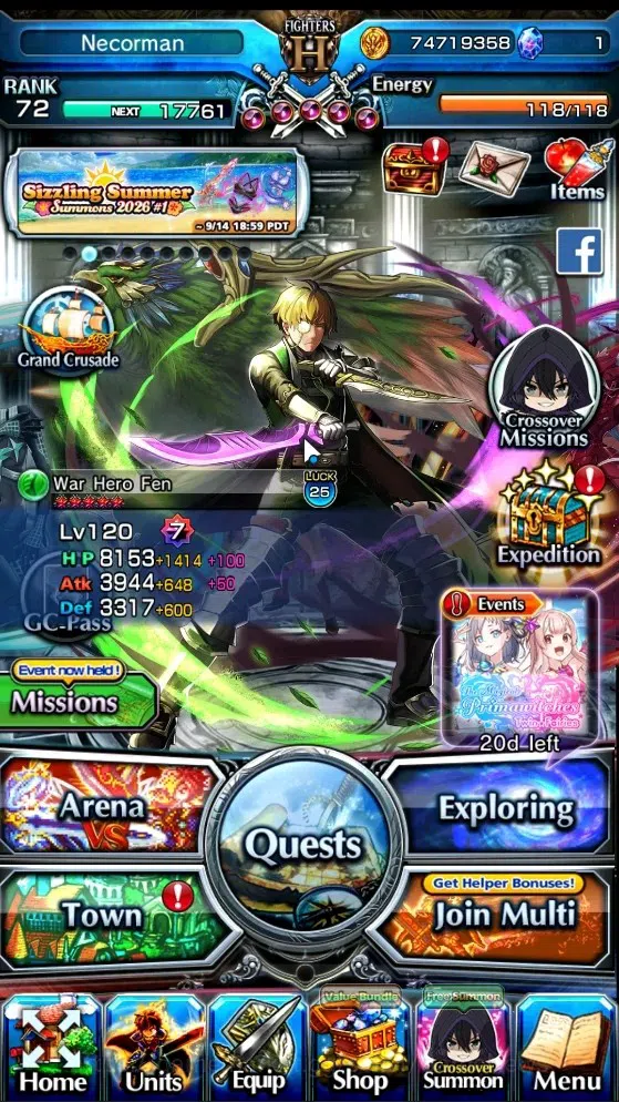 Grand Summoners Accounts End-Game Global|Rank 72|SP Art.Speed-O'-Sonic|13 Ascend 8 TW| (Houka Inumata)+TW Fern,Illya,SP Mira 1
