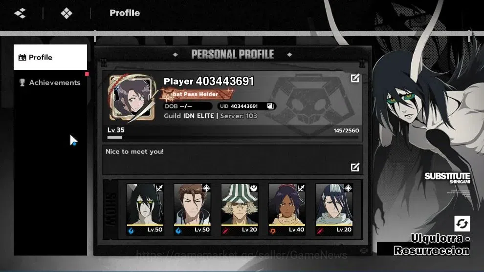 BLEACH: Soul Resonance Accounts NuverseSEA|Lv 35|6 SSR|(Ulqiuorra,Aizen,Yoruici)+Stamp,Sajin,Urahara,Byakuya|3 Sign|12 SR 1