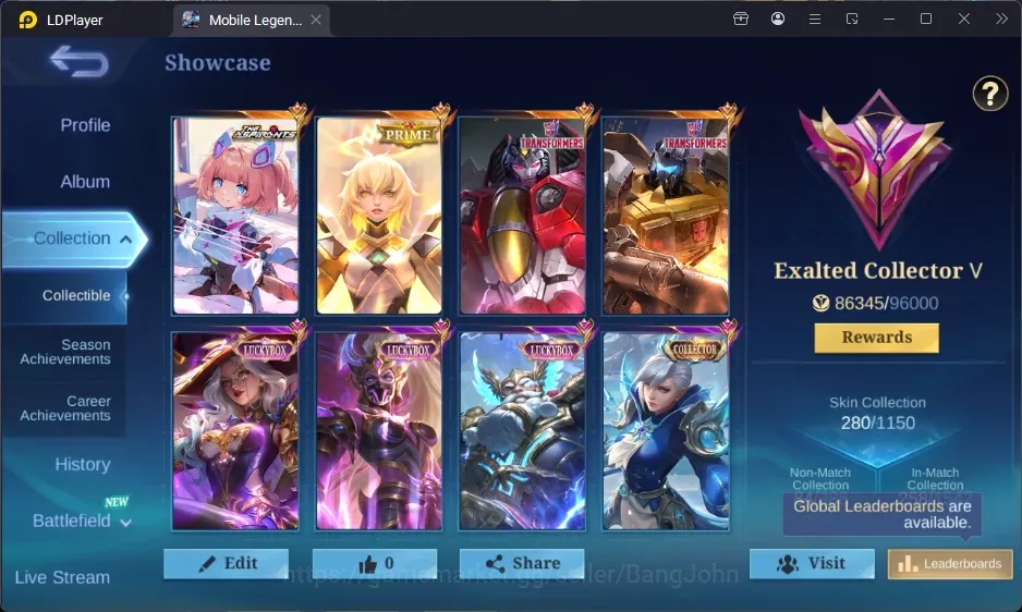Mobile Legends: Bang Bang Accounts Collector Global|280S|Exalted|KOF Karina,TF Roger,TF Aldous,Asp Angela,Prime Beatrix,LBX 1