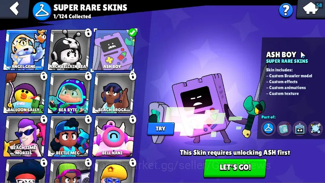 Brawl Stars Accounts 847 Trophy|14 Brawlers 1 Max Lvl Full Buffies Edgar|1 Super Rare Skin (Ash Boy)|8800 Bling|CN 10