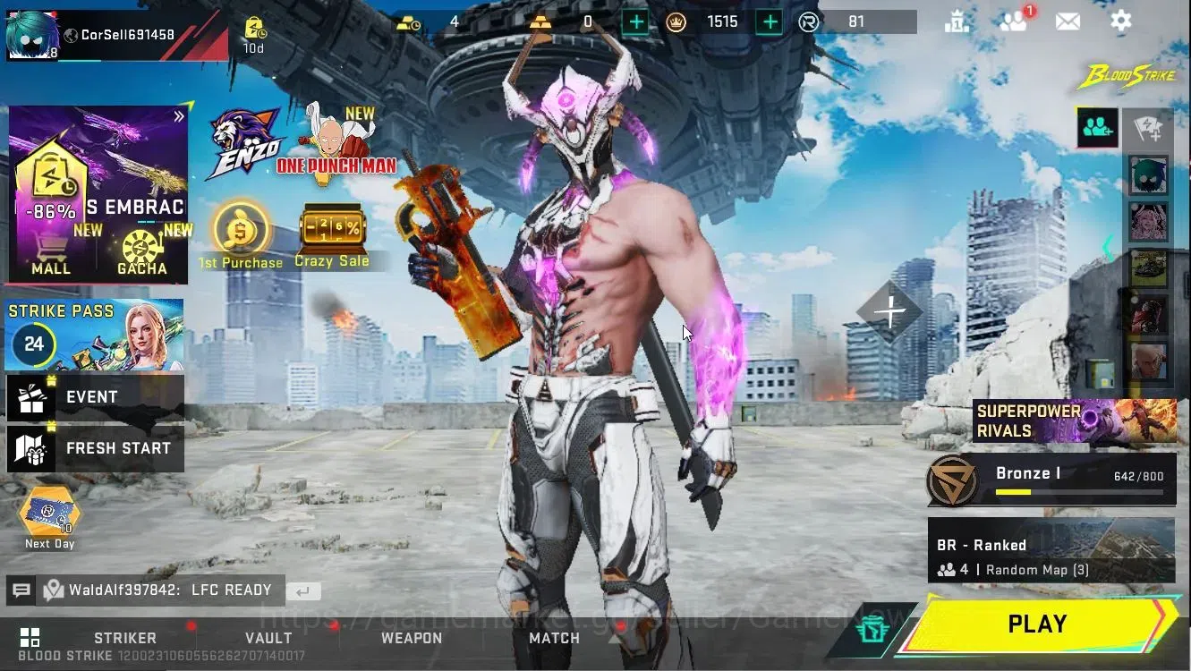 Blood Strike Accounts Collab Skin ASIA|ULTRA ZERO Nullifier|LMT NOVA Shark, Emote Missa dance|Legendary Off-Roader 1