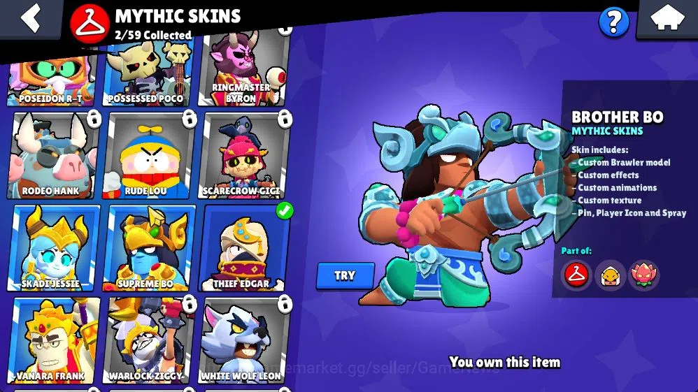 Brawl Stars Accounts 115 Trophy|20 Brawlers 2 Max Lv / 4 Myth | 2 Myth Skin [Brother Bo,Thief Edgar] 4 Epic 1 Super Rare 10