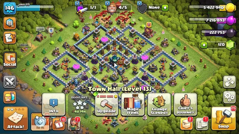 Clash of Clans Accounts High-End LV 146|TH 13|HH 7|Limited Skin|BK 57,AQ 60,MP 42,GW 36,RC 2,BM 12,BC 15|Free CN OFF|Protect 1