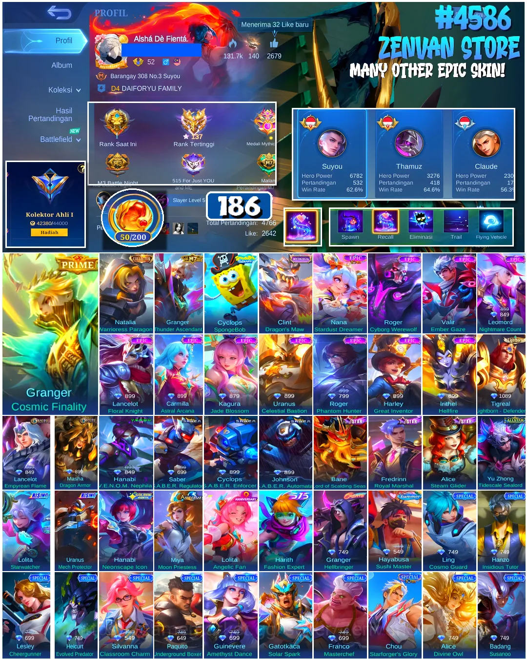 Mobile Legends: Bang Bang Accounts #4586 186 Skins | Cyclops SpongeBob (SPONGEBOB) | Natalia Warrioress Paragon (COLLECTOR 1