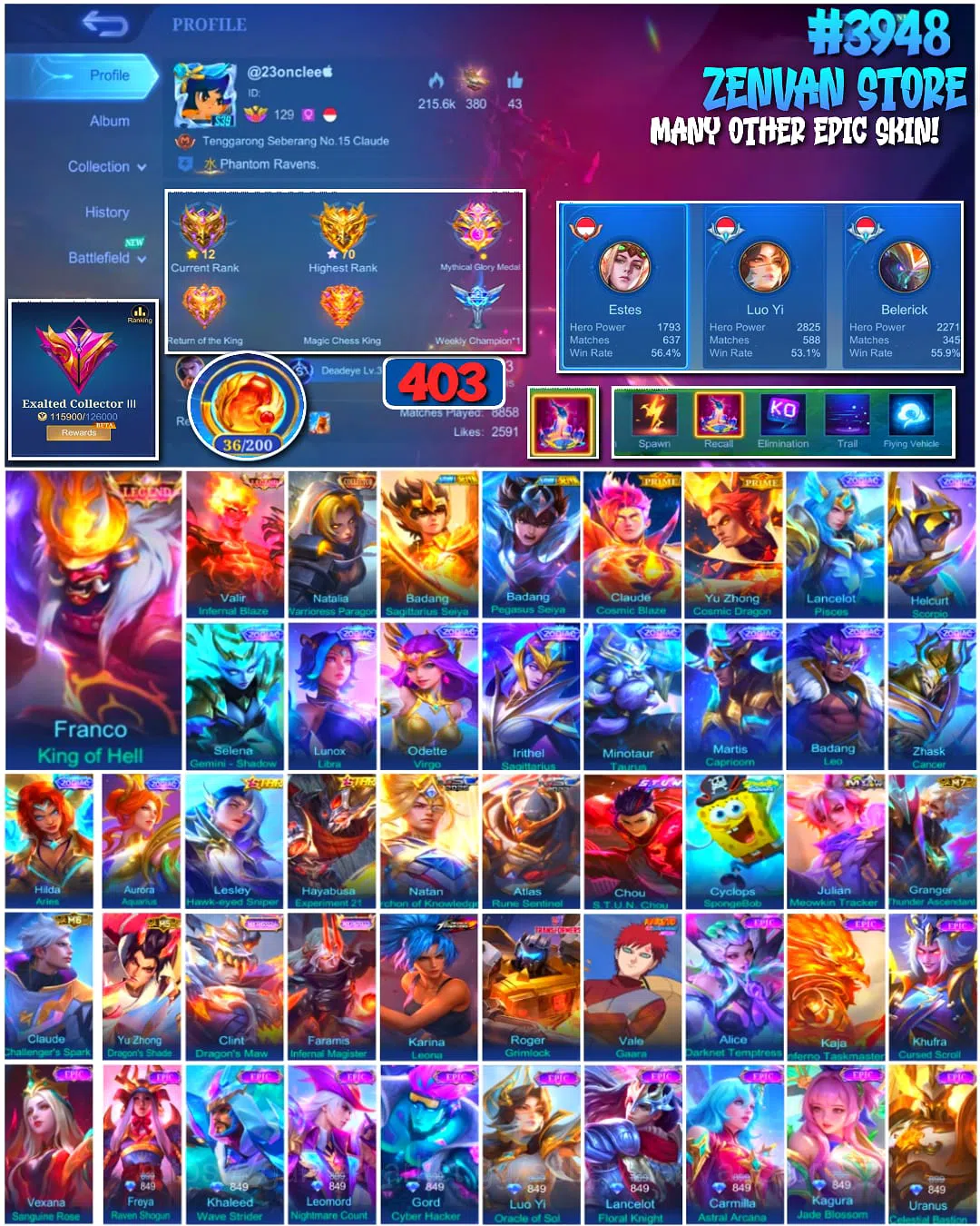 Mobile Legends: Bang Bang Accounts #3948 | 403 Skins | Legend Franco & Valir | Collector Natalia | Saint Seiya Badang 1