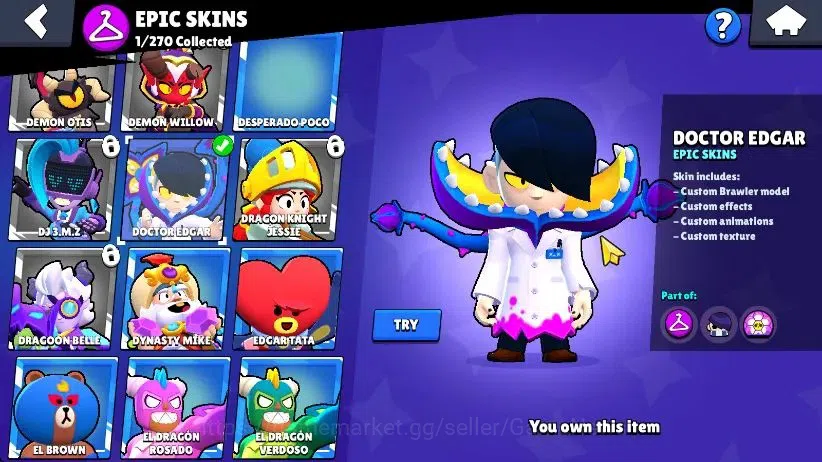 Brawl Stars Accounts 1014 Trophy|15 Brawlers 3 Max Lvl [Rico,Tick,Shelly]|1 Epic Skin [Dr Edgar] 1 SR [Sherif Shelly]|60 6