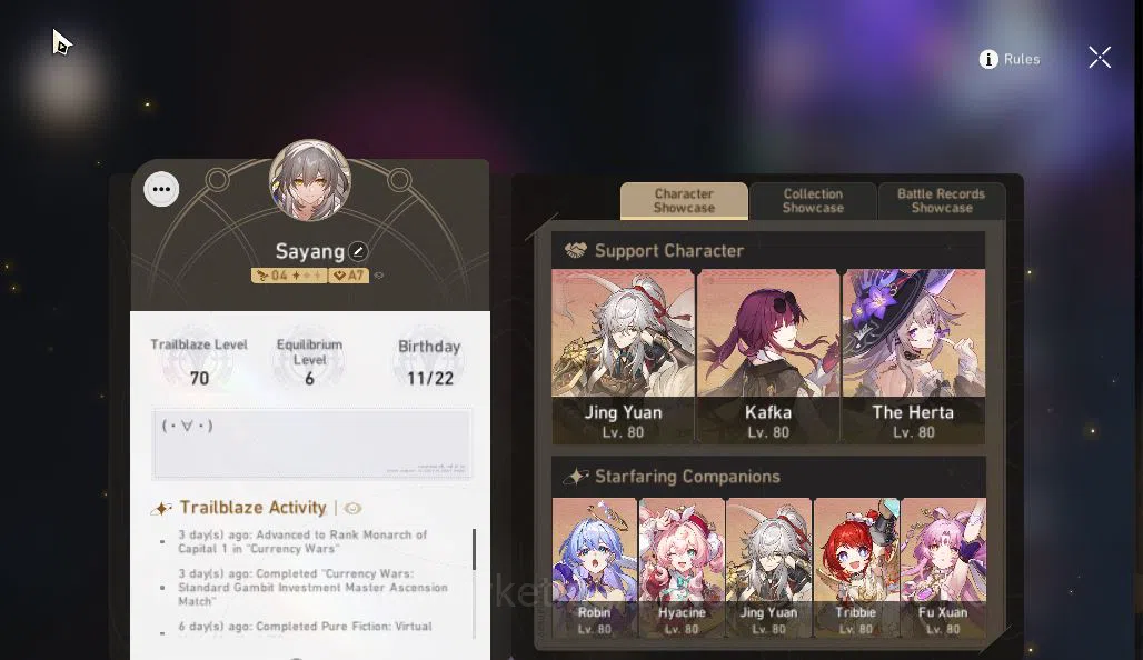 Honkai Star Rail Accounts Mid Game Asia|TL 70|12 Limited|[Kafka,Sunday,Hyacine,The Herta]+Sign,Yao Guang,B3 2