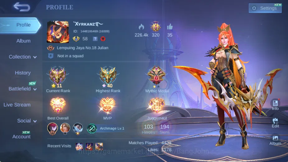Mobile Legends: Bang Bang Accounts Others Global|Skin 194|Expert|KOF Karina,LBox Eudora,Collector Natalia,Blazing 1