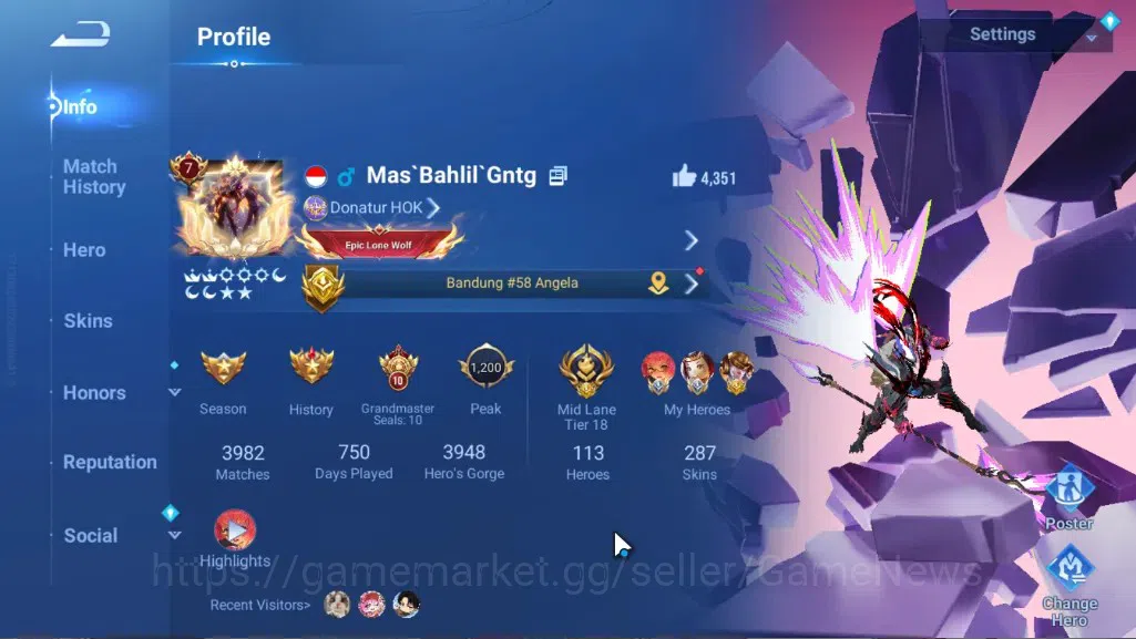 Honor of Kings Accounts Rare Skin Hero113 Skin287|Mythic LuBu,Ultraman,Sanrio Angela,DC Conan,LoM Yango,Blessed 2