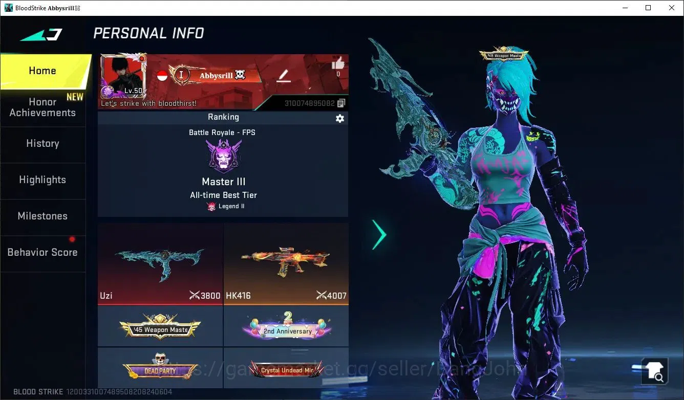 Blood Strike Accounts Collab Skin Asia |Eternal Uzi-Star Chaesar Lv2,MP7-Tidesong Lv2|Collab FN2000-Twin Dragons|Limited 1
