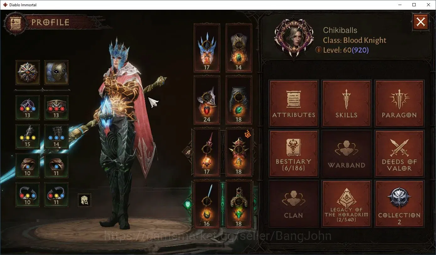 Diablo Immortal Accounts Others SEA - Verathiel |60 (920) Blood Knight - Maledictor |CR 45k |Reso 540|L30 (4*) Stormlost 2