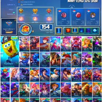 Mobile Legends: Bang Bang Accounts 🔥 #4140 🔥 💎 154 Skins 👑 SpongeBob Cyclops ⚔️ Expert Collector IV ⭐ Naruto Shippuden