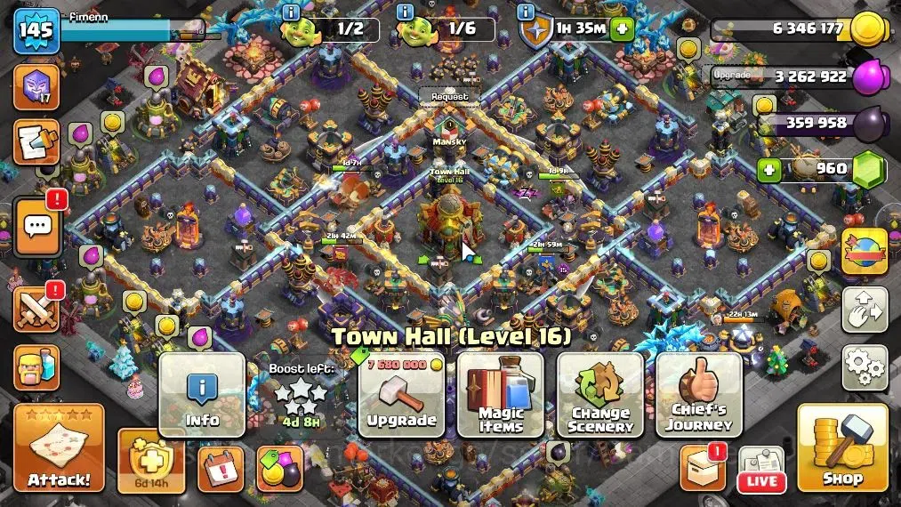 Clash of Clans Accounts High-End LV 145|TH 16|HH 9|BK 75,AQ 85,MP 45,GW 49,RC 27,DD 8|BM 6,BC 15|960 Gems|Limited 1