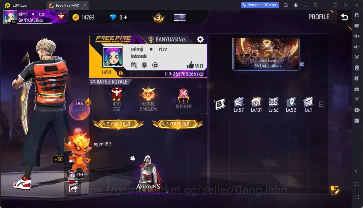 Free Fire Accounts Indonesia | AK47 Blue Flame Draco Lv.4 EVO | M1887- Mamba Gnaw, Bunny's Order | Assassins Bundle | Check 1