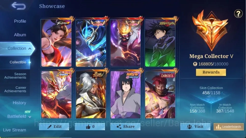 Mobile Legends: Bang Bang Accounts Collector Global|138H 458S|Mega|2 Legend|KOF Masha|Soul Vessel Aamon|Exorcist 1