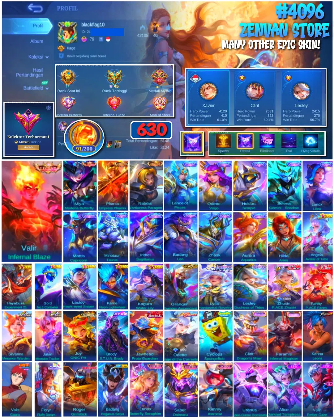 Mobile Legends: Bang Bang Accounts π₯ #4096 π₯ π 630 Skins π Legend Valir Infernal Blaze βοΈ Exalted Collector I β Legend 1