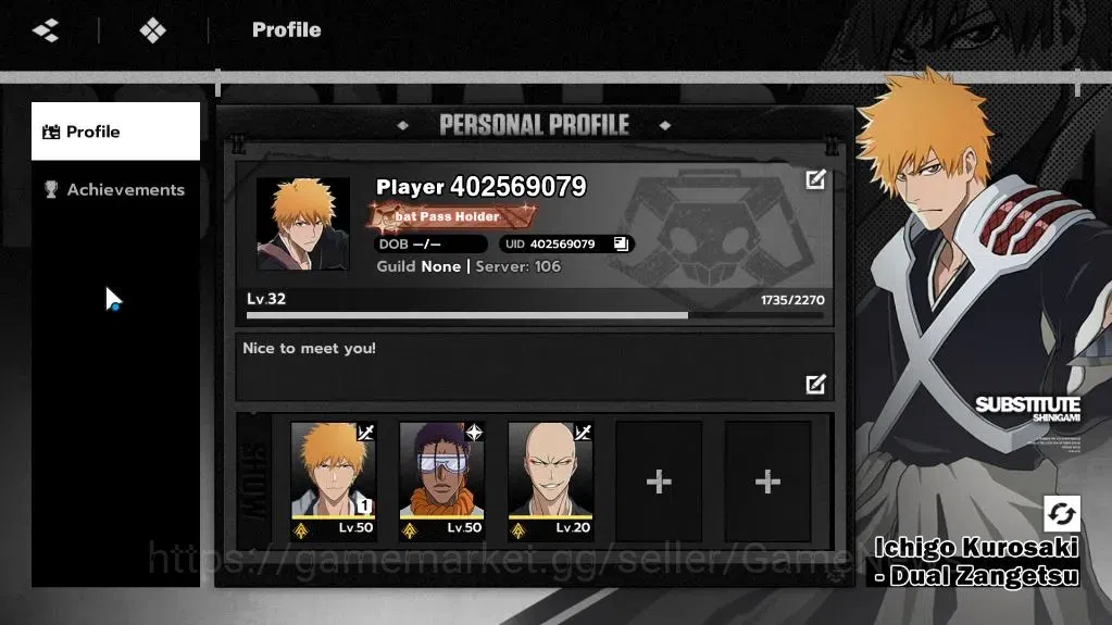 BLEACH: Soul Resonance Accounts NUVERSE SEA|Lv 32|3 SSR|2 Sign|(Ichigo Dual Zangetsu,Tosen)+Stamp,Ikkaku|12 SR 1
